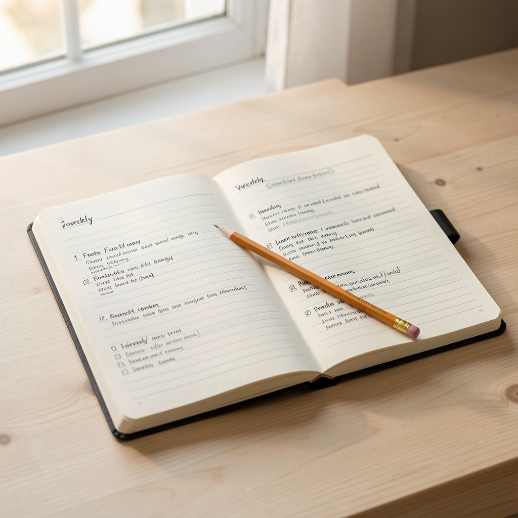 An open food journal notebook on a pale wooden desk with a pencil resting across it, annotated weekly food entries visible, soft morning window light