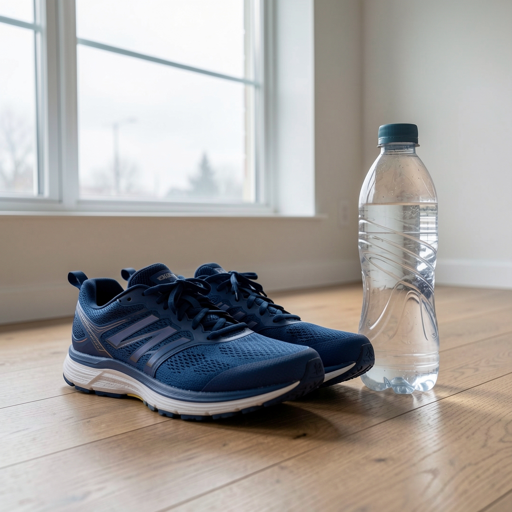 Running shoes placed neatly on a wooden floor beside a water bottle, overcast morning light through a sash window, still-life composition