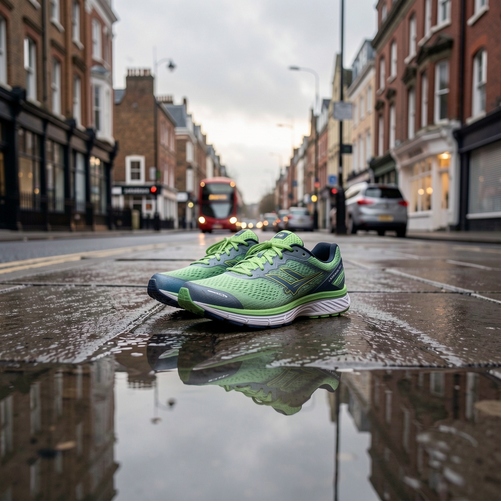 Running shoes resting on a damp London pavement at dawn, overcast morning sky reflected in a shallow puddle, documentary street photography